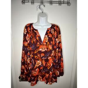 Old Navy Women's Pullover Floral Long Sleeve Blouse Redwine Vinegar ~ Size XXL